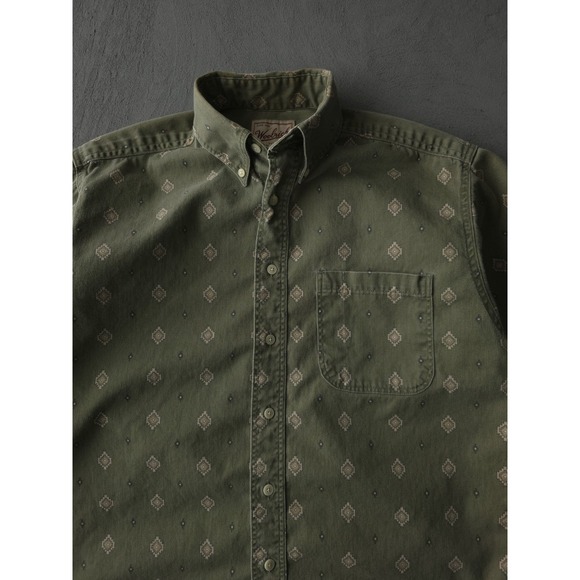 Vintage 2000s Woolrich Green Southwestern Short Sleeve Button-Down Shirt M - Picture 2 of 9